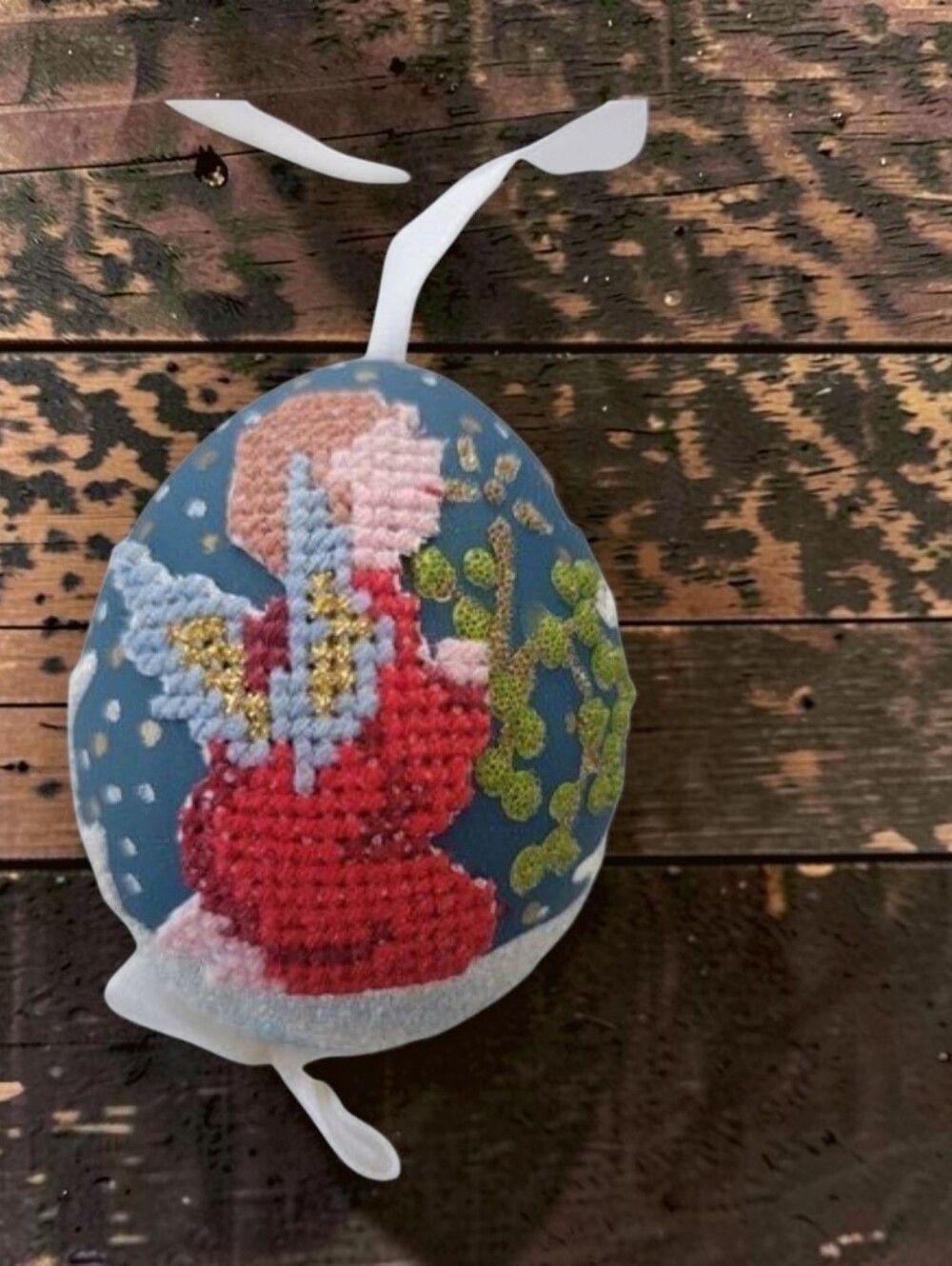 Needlepoint painted egg Christmas Ornament white ribbon angel Christmas tree